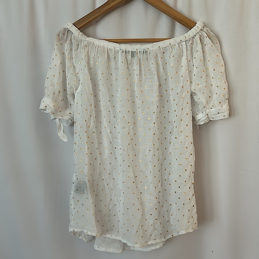 Harve’ Benard White Gold Dotted Short Sleeve Off Shoulder Shirt Top **Sz S** - Picture 2 of 4